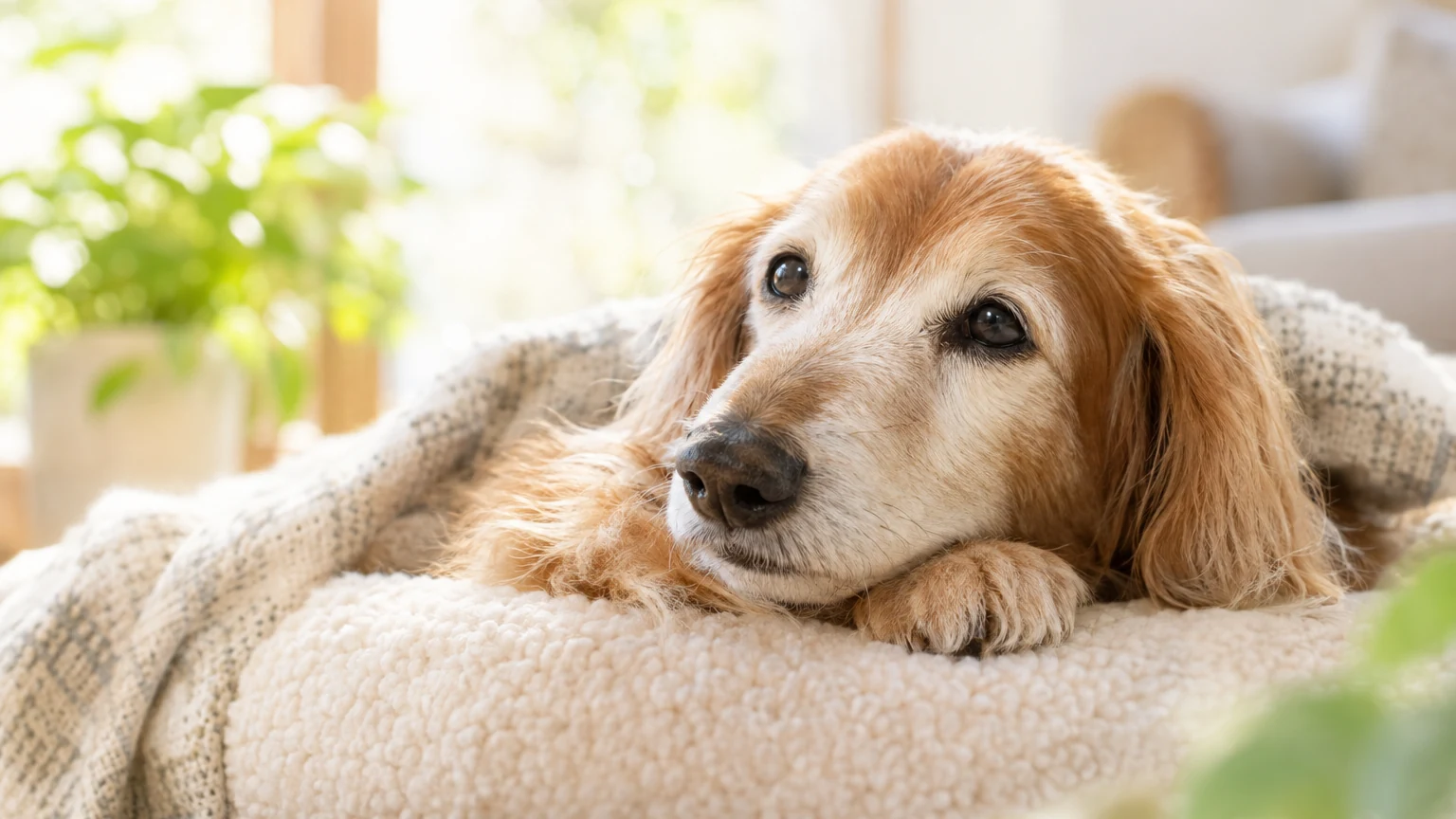 穏やかな寝床でくつろぐ白髪の混じったシニア犬