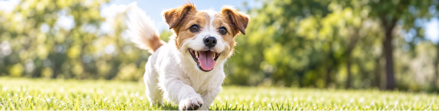 緑の芝生を元気に走る小型犬。犬の腸活記事のメインイメージ