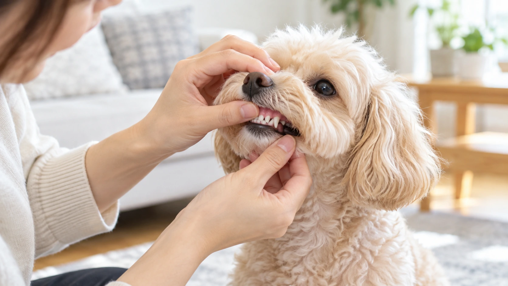 飼い主が小型犬の唇を優しくめくり、歯と歯ぐきの様子を確認している場面