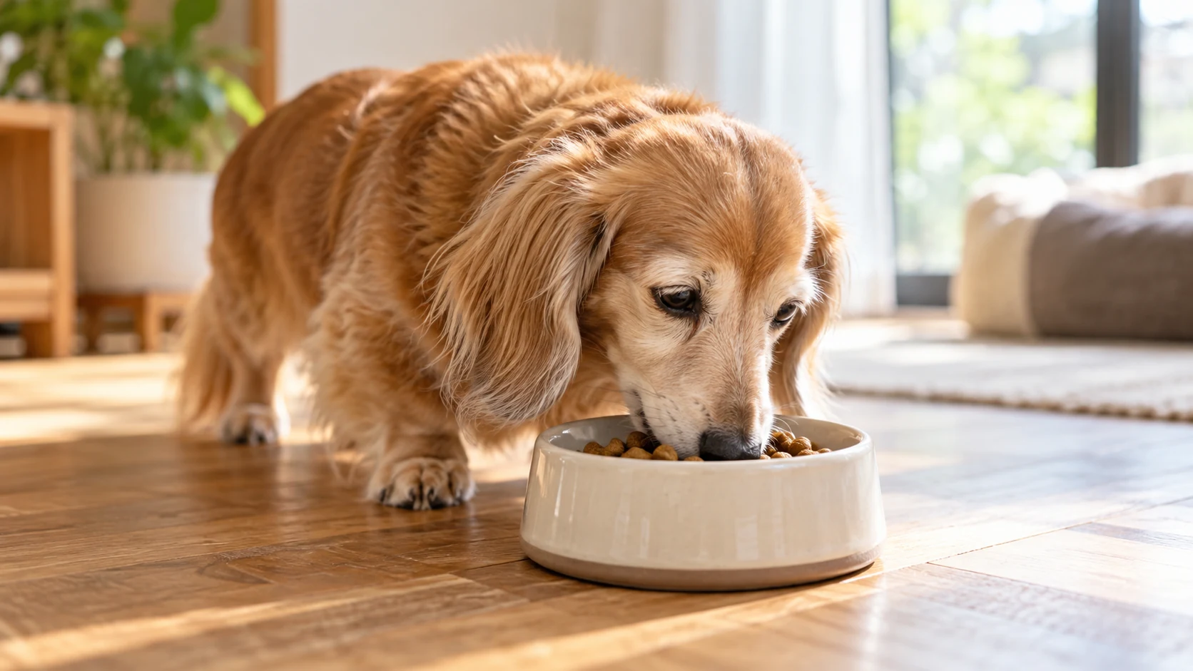 シニア犬が食器からドッグフードを食べている様子
