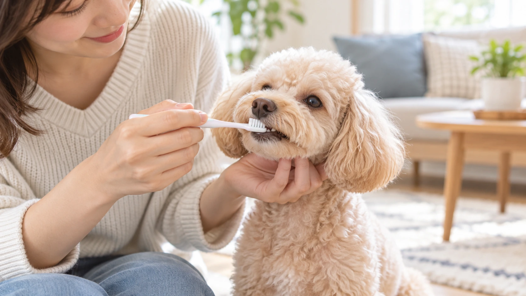 飼い主が犬用の歯ブラシを使ってトイプードルの歯を優しく磨いている様子