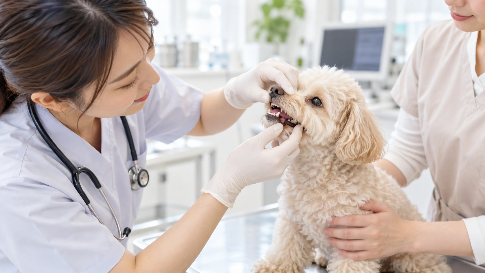動物病院で獣医療従事者が小型犬の口の中を確認しているイメージ