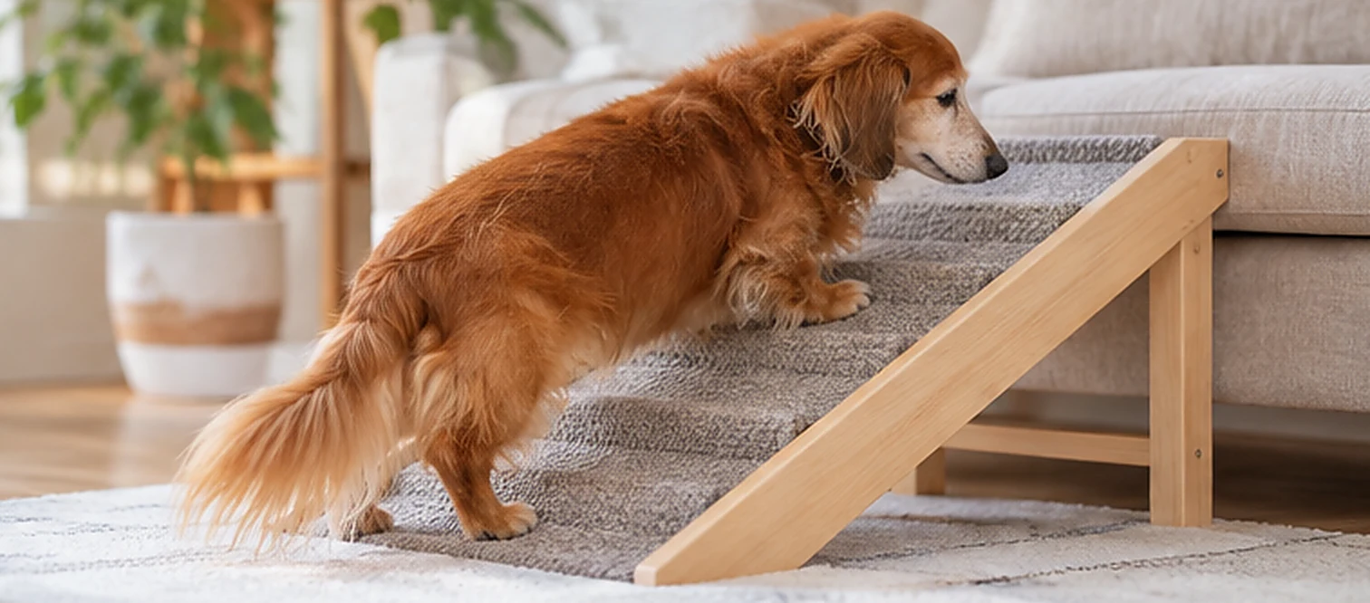 室内で滑りにくいスロープを利用する長毛のシニア犬