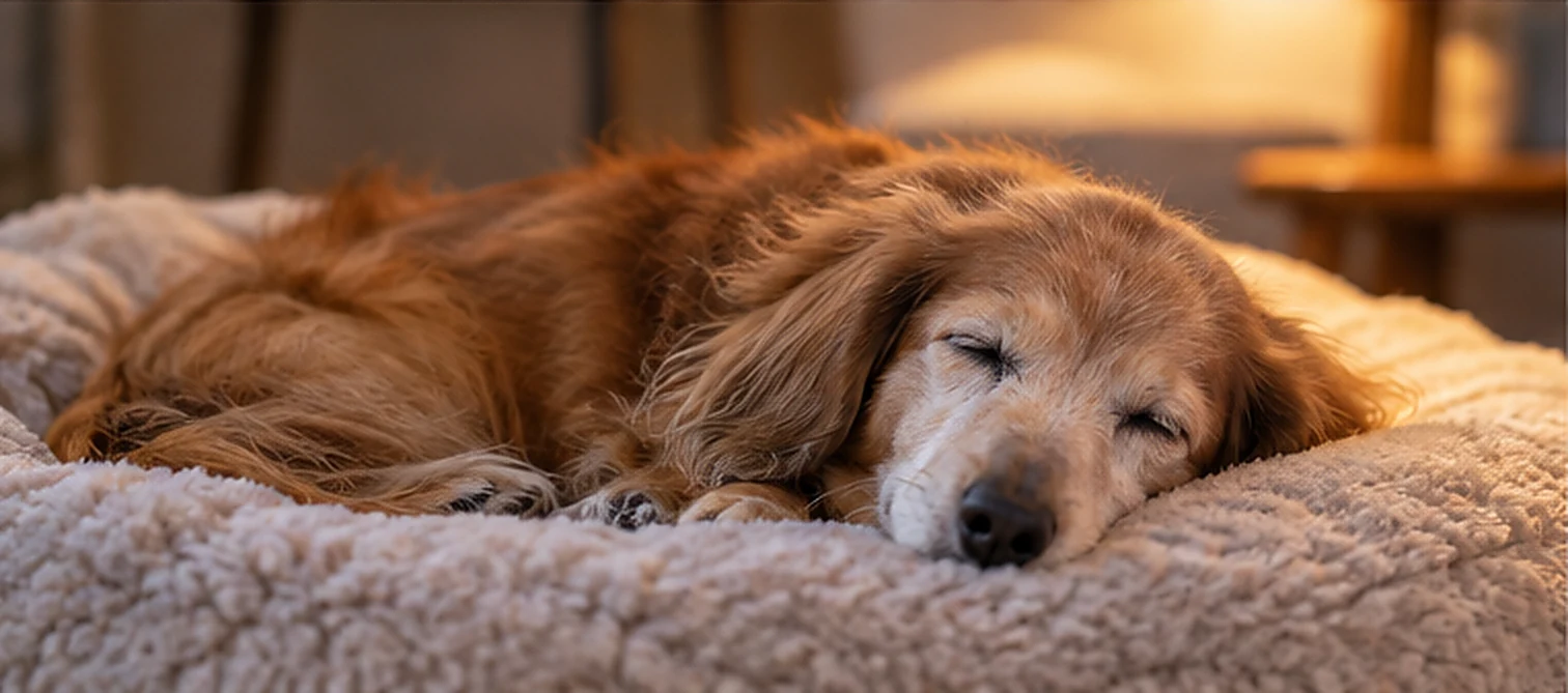 柔らかな寝床で眠るシニア犬と落ち着いた夜の室内