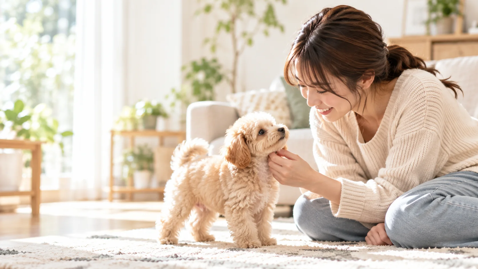 明るいリビングで子犬と触れ合う飼い主のイメージ