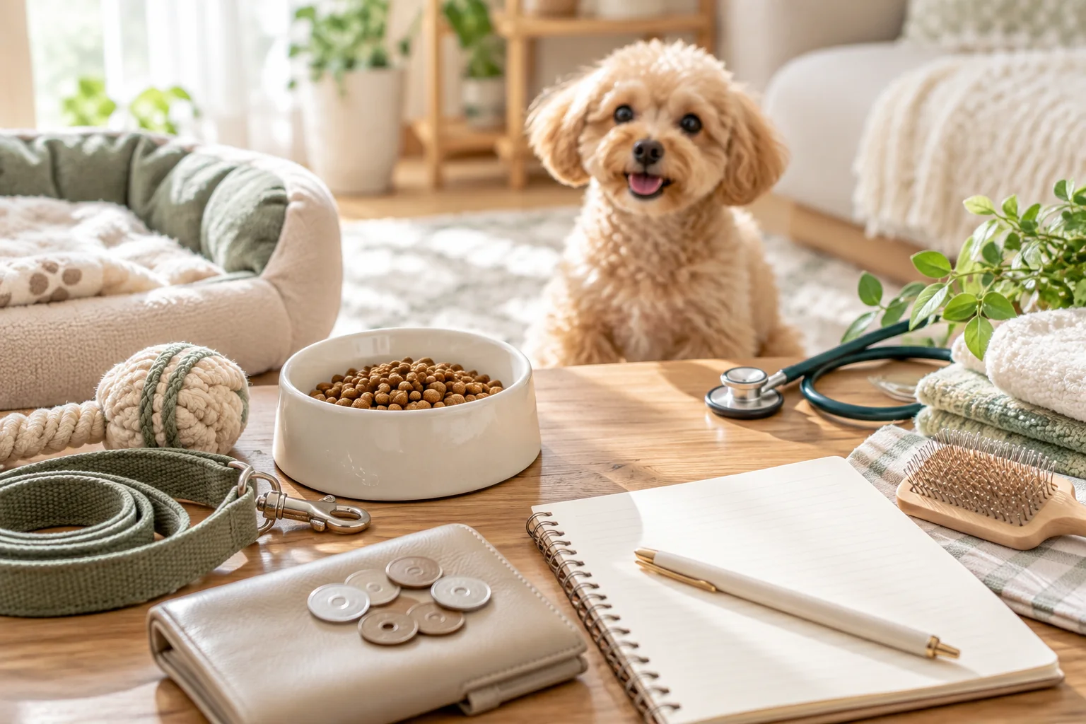 フード、リード、ケア用品、医療、家計を考える犬の飼育費用イメージ