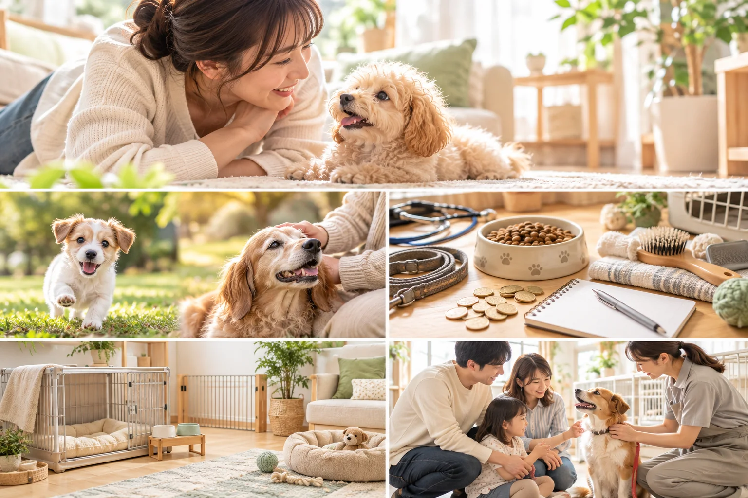 犬を迎えてからの暮らし、費用、住まい、家族との相談をイメージした写真コラージュ