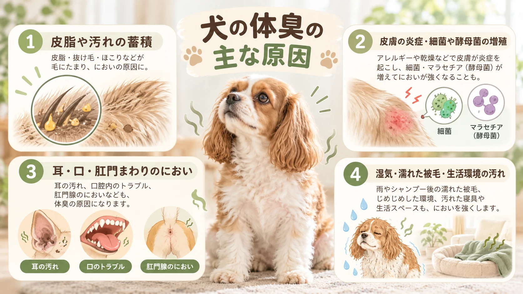 犬の体臭の主な原因を解説した図