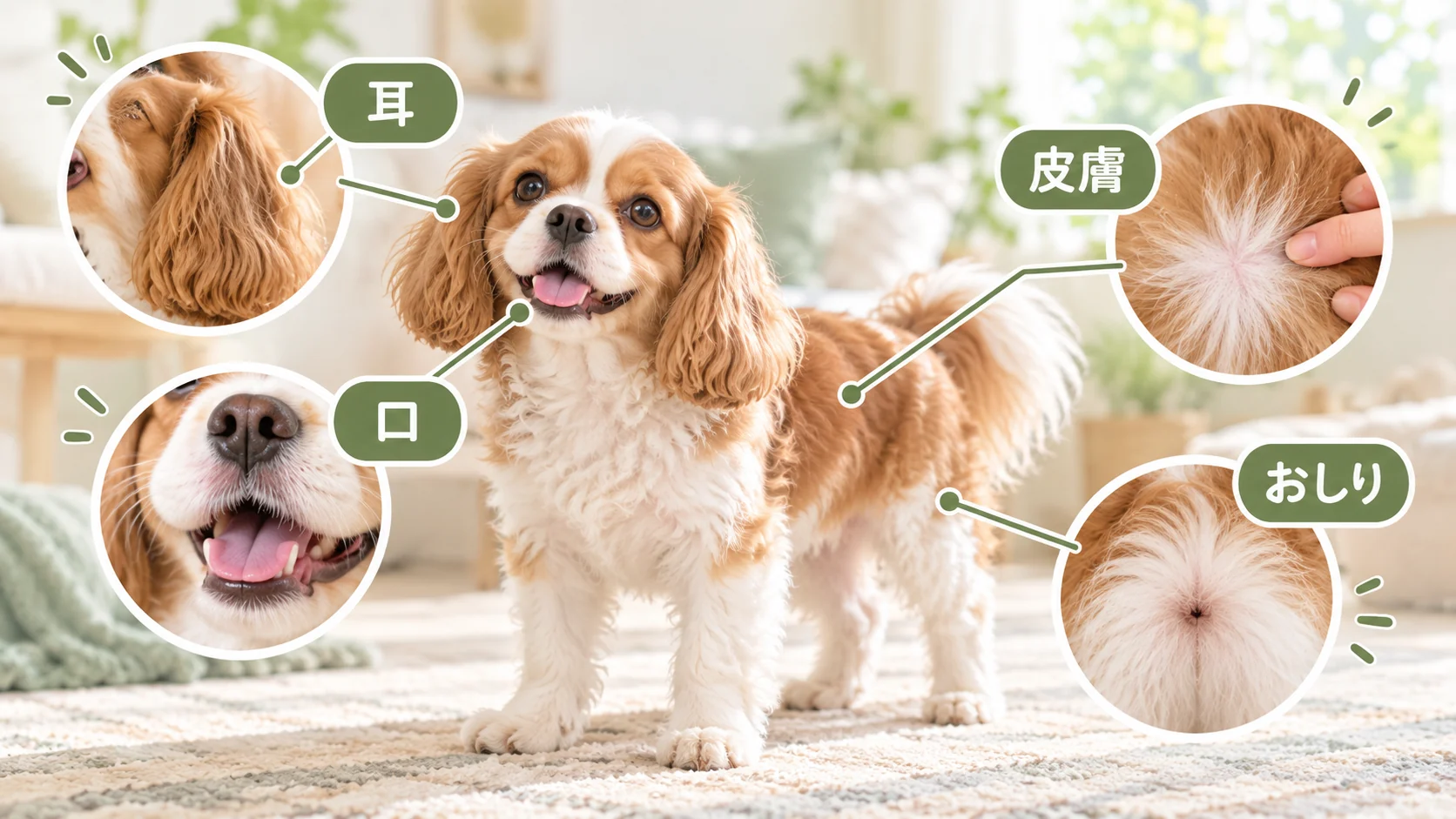 犬の耳や皮膚などを確認する図解