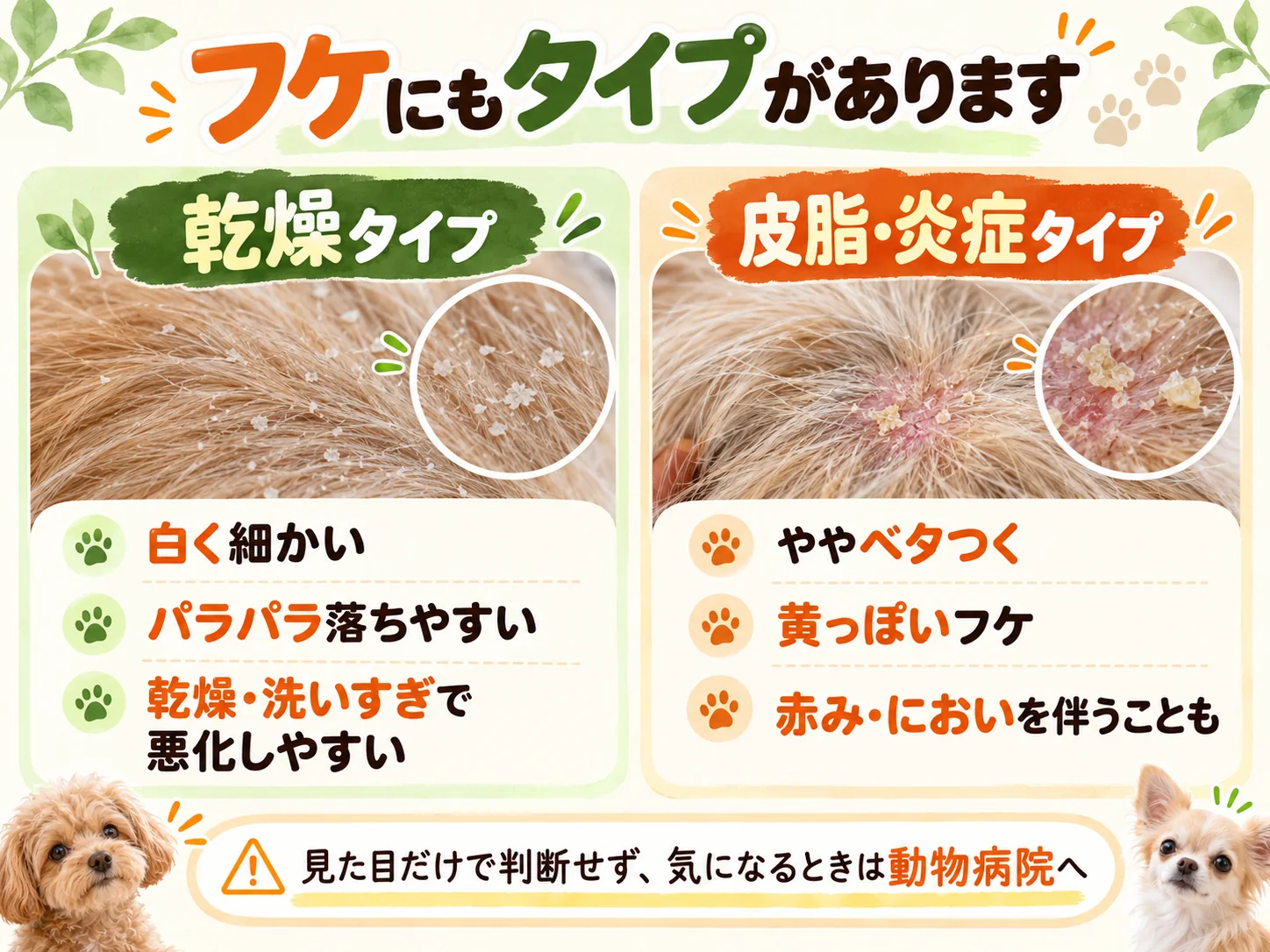 白く細かいフケと脂っぽいフケを比較した図解