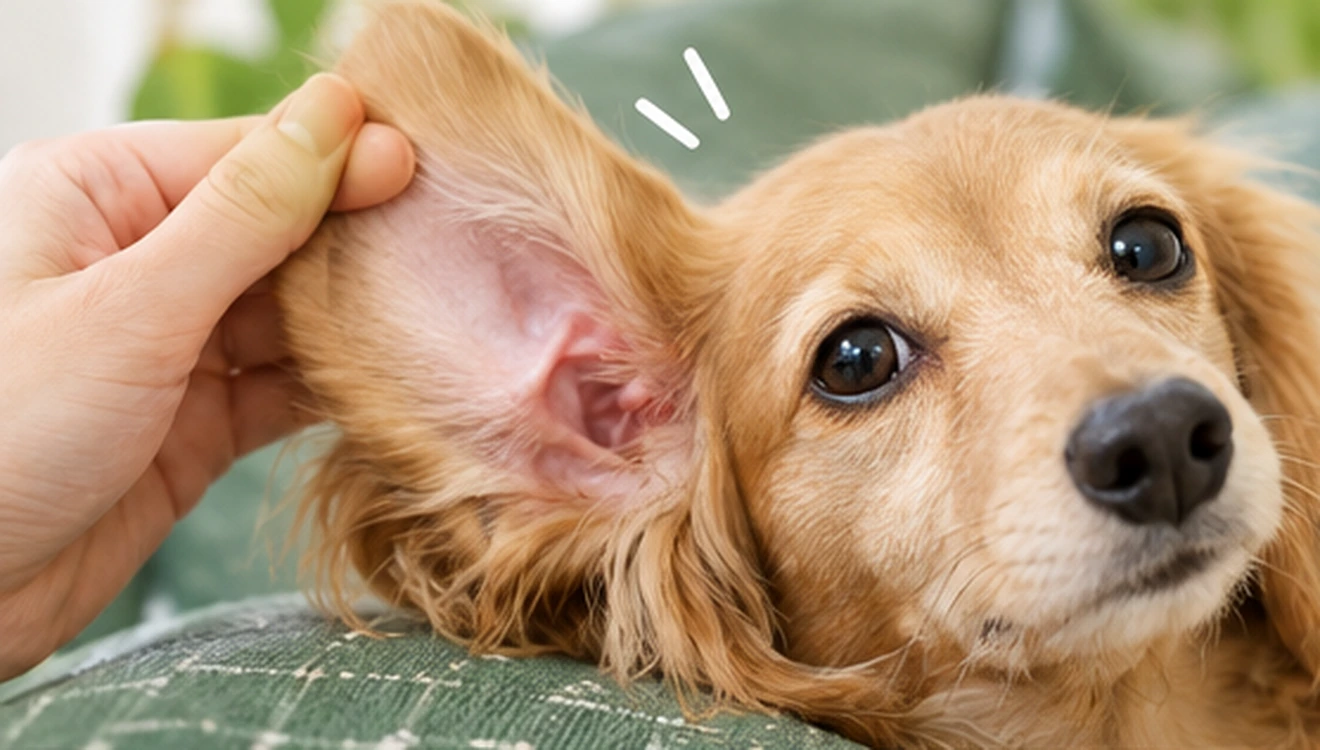 飼い主が犬の耳をやさしく持ち上げて、耳の様子を確認しているイメージ
