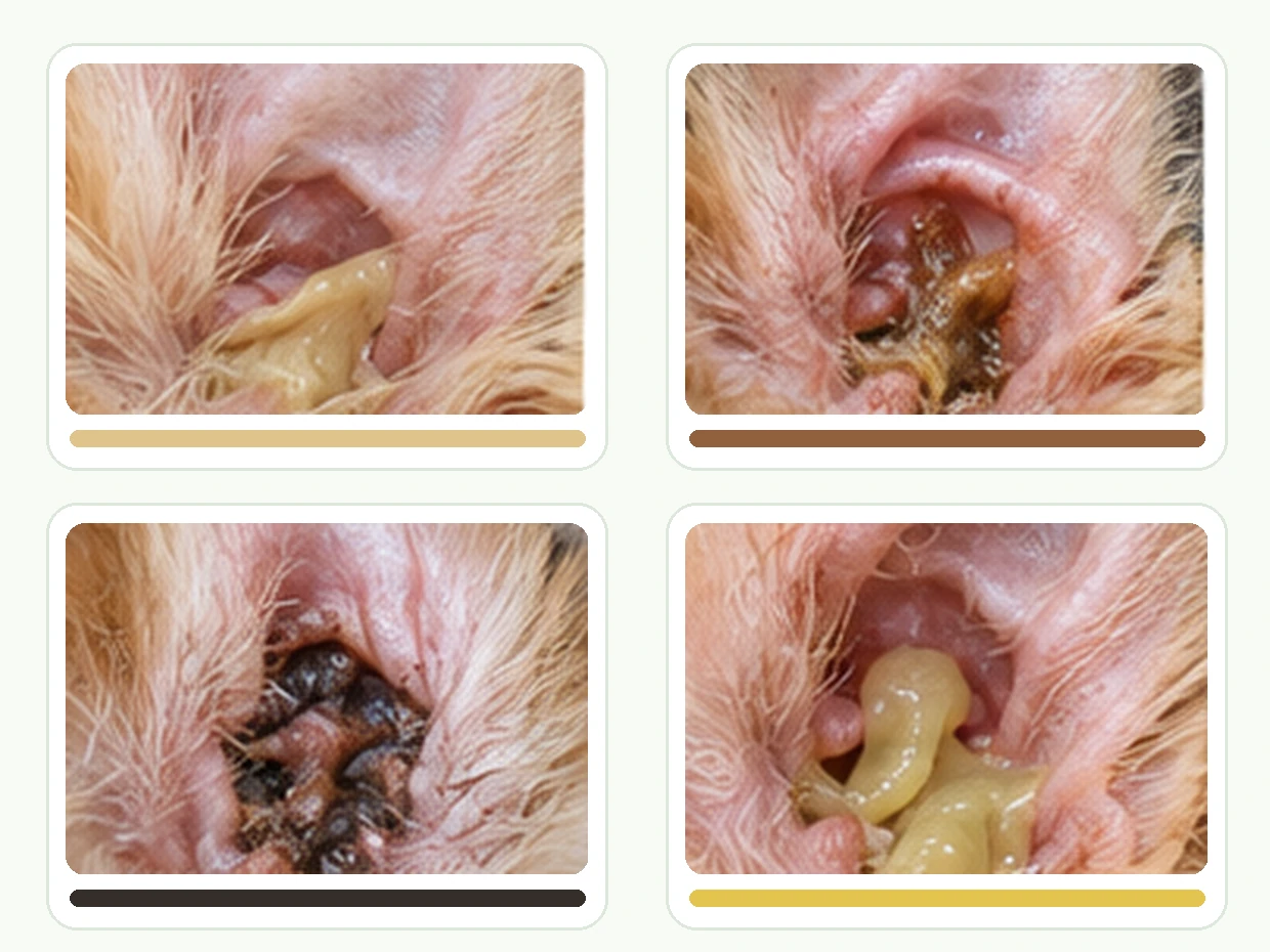 薄黄色、茶色、黒色、黄色い分泌物の4種類を並べた犬の耳垢の参考イメージ