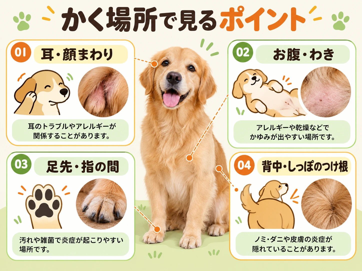 耳・顔、お腹・わき、足先・指の間、背中・しっぽの付け根など犬がかく場所のポイントを紹介する図解