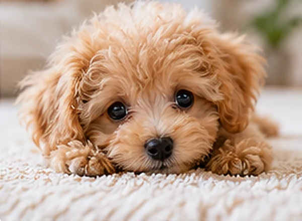新しいおうちでリラックスするトイプードルの子犬