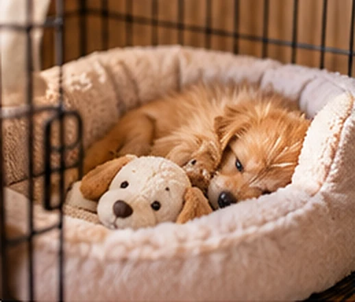 子犬が安心して休める寝床とクレートのイメージ