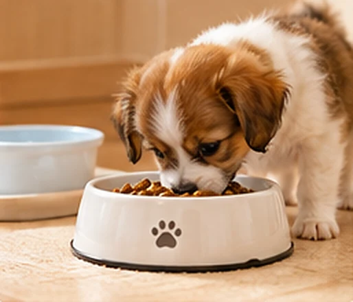 子犬がいつものフードを器から食べている様子