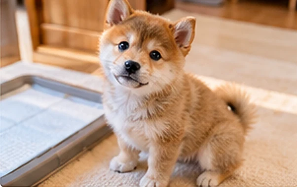 トイレシートのそばでおすわりする子犬
