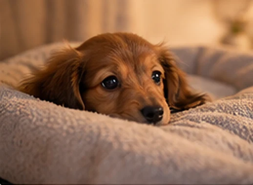 お迎え最初の夜に寝床で休む子犬