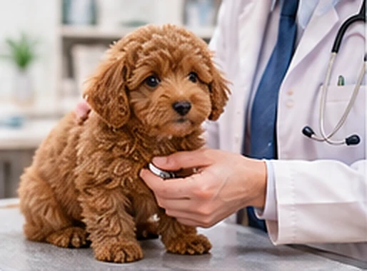 動物病院で獣医師が子犬の健康状態を確認しているイメージ