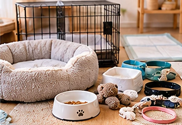 子犬を迎えるためのサークル、ベッド、食器、おもちゃなどの準備用品
