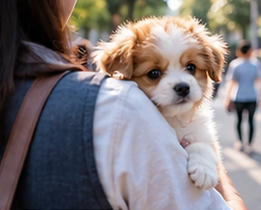 飼い主の抱っこで安全に外の環境に慣れる子犬