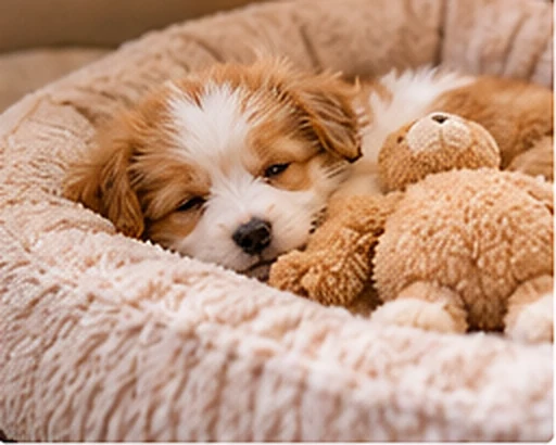 安心できるベッドでおもちゃと眠る子犬