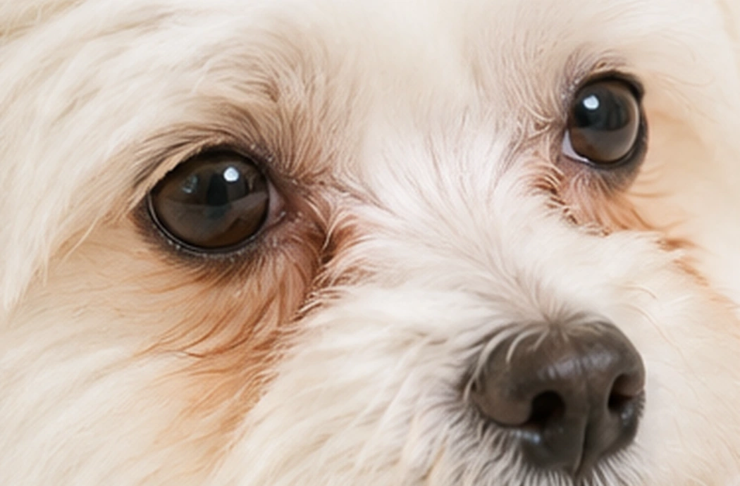 涙やけの赤茶色い変色を表現した犬の目元