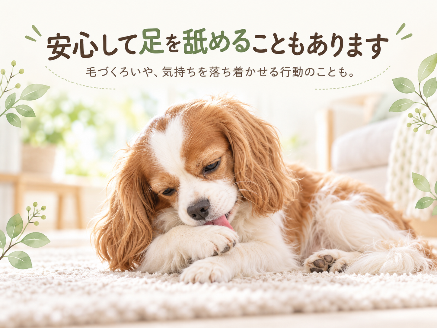 リラックスした様子で前足を舐める犬。毛づくろいや落ち着くための行動のこともある