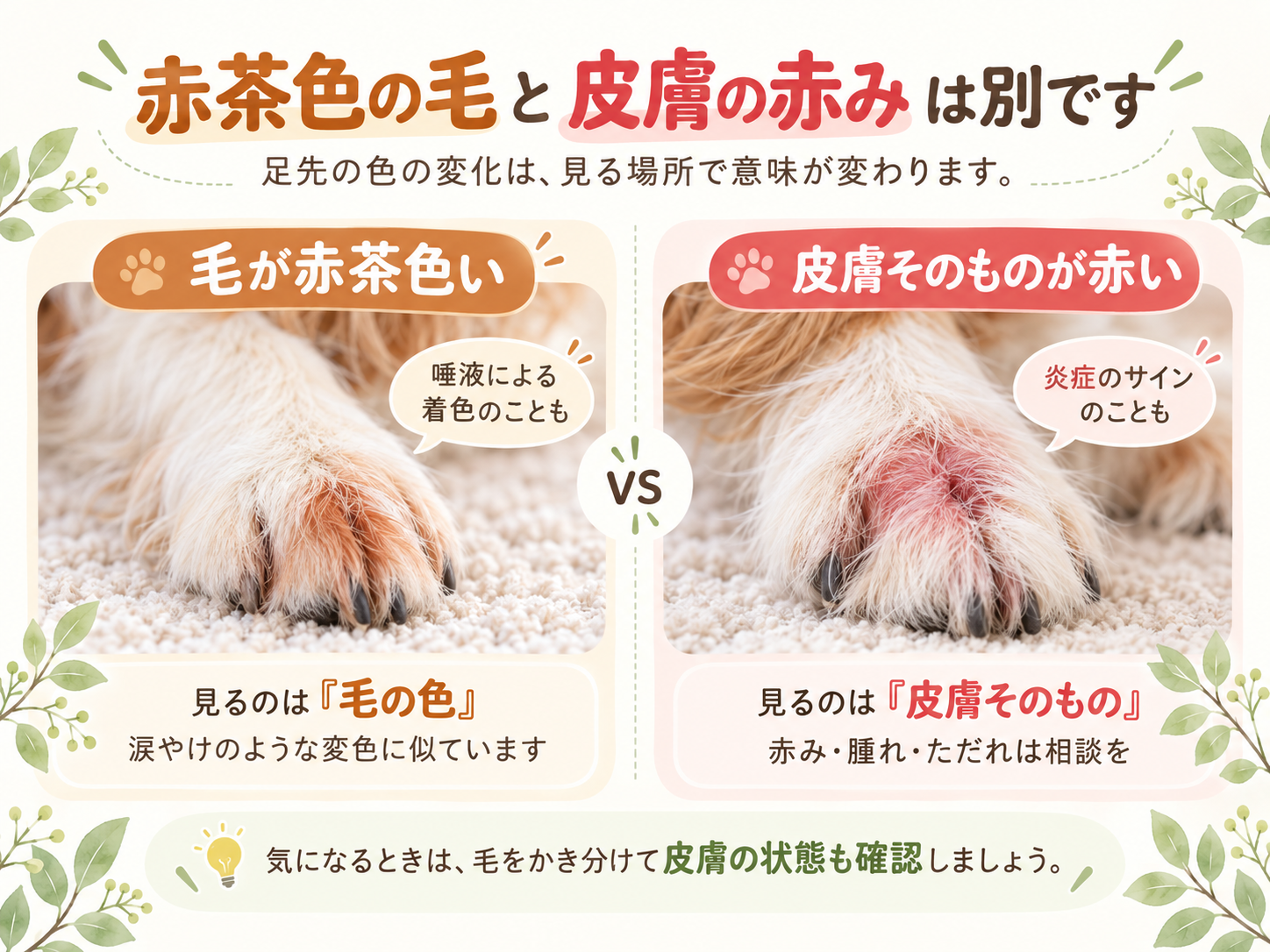 比較図解。左は唾液で赤茶色くなった足の毛、右は皮膚そのものが赤くなっている足先
